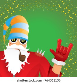 vector DJ rock n roll santa claus with smoking pipe, santa beard and funky santa hat on green background. Christmas hipster poster for party or greeting card. vector bad santa xmas poster background