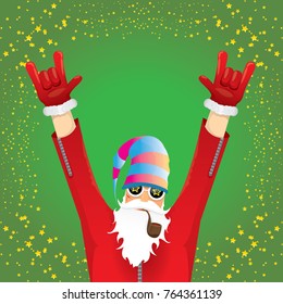 vector DJ rock n roll santa claus with smoking pipe, santa beard and funky santa hat on green background. Christmas hipster poster for party or greeting card. vector bad santa xmas poster background