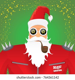 vector DJ rock n roll santa claus with smoking pipe, santa beard and funky santa hat on green background. Christmas hipster poster for party or greeting card. vector bad santa xmas poster background