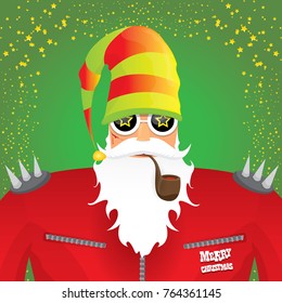 vector DJ rock n roll santa claus with smoking pipe, santa beard and funky santa hat on green background. Christmas hipster poster for party or greeting card. vector bad santa xmas poster background