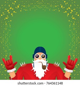 vector DJ rock n roll santa claus with smoking pipe, santa beard and funky santa hat on green background. Christmas hipster poster for party or greeting card. vector bad santa xmas poster background