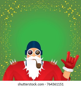 vector DJ rock n roll santa claus with smoking pipe, santa beard and funky santa hat on green background. Christmas hipster poster for party or greeting card. vector bad santa xmas poster background