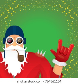 vector DJ rock n roll santa claus with smoking pipe, santa beard and funky santa hat on green background. Christmas hipster poster for party or greeting card. vector bad santa xmas poster background