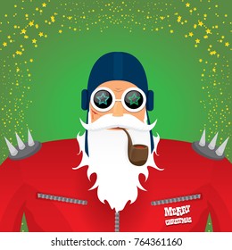 vector DJ rock n roll santa claus with smoking pipe, santa beard and funky santa hat on green background. Christmas hipster poster for party or greeting card. vector bad santa xmas poster background