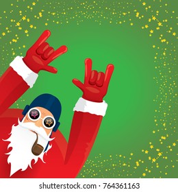 vector DJ rock n roll santa claus with smoking pipe, santa beard and funky santa hat on green background. Christmas hipster poster for party or greeting card. vector bad santa xmas poster background