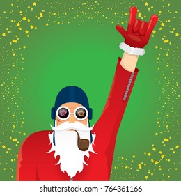 vector DJ rock n roll santa claus with smoking pipe, santa beard and funky santa hat on green background. Christmas hipster poster for party or greeting card. vector bad santa xmas poster background