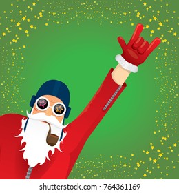 vector DJ rock n roll santa claus with smoking pipe, santa beard and funky santa hat on green background. Christmas hipster poster for party or greeting card. vector bad santa xmas poster background