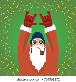vector DJ rock n roll santa claus with smoking pipe, santa beard and funky santa hat on green background. Christmas hipster poster for party or greeting card. vector bad santa xmas poster background