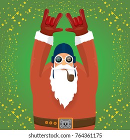 vector DJ rock n roll santa claus with smoking pipe, santa beard and funky santa hat on green background. Christmas hipster poster for party or greeting card. vector bad santa xmas poster background