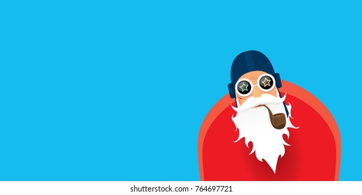 vector DJ rock n roll santa claus with smoking pipe, santa beard and funky santa hat isolated on blue horizontal background. Horizontal Christmas hipster party poster, banner or greeting card. 