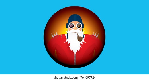 vector DJ rock n roll santa claus with smoking pipe, santa beard and funky santa hat isolated on blue horizontal background. Horizontal Christmas hipster party poster, banner or greeting card. 