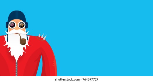 vector DJ rock n roll santa claus with smoking pipe, santa beard and funky santa hat isolated on blue horizontal background. Horizontal Christmas hipster party poster, banner or greeting card. 
