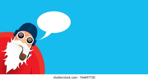 vector DJ rock n roll santa claus with smoking pipe, santa beard and funky santa hat isolated on blue horizontal background. Horizontal Christmas hipster party poster, banner or greeting card. 