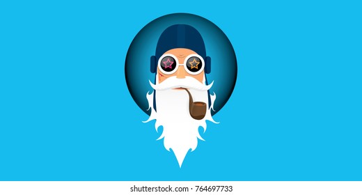 vector DJ rock n roll santa claus with smoking pipe, santa beard and funky santa hat isolated on blue horizontal background. Horizontal Christmas hipster party poster, banner or greeting card. 