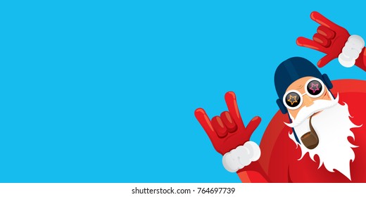 vector DJ rock n roll santa claus with smoking pipe, santa beard and funky santa hat isolated on blue horizontal background. Horizontal Christmas hipster party poster, banner or greeting card. 
