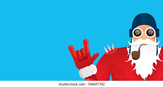 vector DJ rock n roll santa claus with smoking pipe, santa beard and funky santa hat isolated on blue horizontal background. Horizontal Christmas hipster party poster, banner or greeting card. 