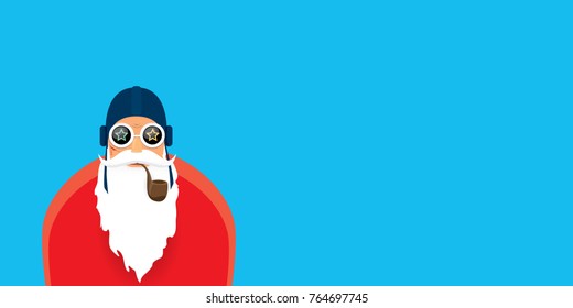 vector DJ rock n roll santa claus with smoking pipe, santa beard and funky santa hat isolated on blue horizontal background. Horizontal Christmas hipster party poster, banner or greeting card. 