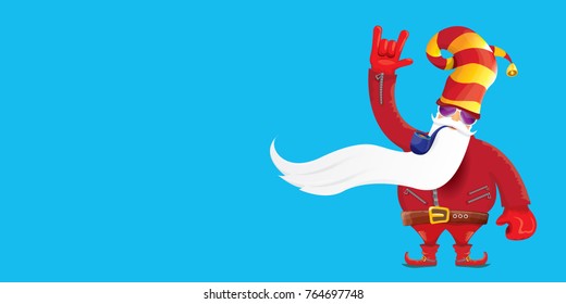 vector DJ rock n roll santa claus with smoking pipe, santa beard and funky santa hat isolated on blue horizontal background. Horizontal Christmas hipster party poster, banner or greeting card. 