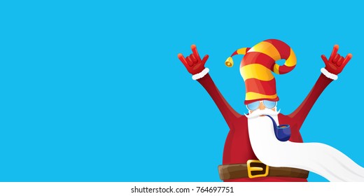 vector DJ rock n roll santa claus with smoking pipe, santa beard and funky santa hat isolated on blue horizontal background. Horizontal Christmas hipster party poster, banner or greeting card. 