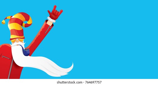 vector DJ rock n roll santa claus with smoking pipe, santa beard and funky santa hat isolated on blue horizontal background. Horizontal Christmas hipster party poster, banner or greeting card. 