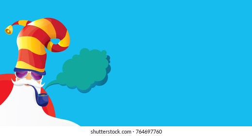 vector DJ rock n roll santa claus with smoking pipe, santa beard and funky santa hat isolated on blue horizontal background. Horizontal Christmas hipster party poster, banner or greeting card. 