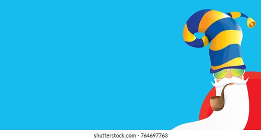 vector DJ rock n roll santa claus with smoking pipe, santa beard and funky santa hat isolated on blue horizontal background. Horizontal Christmas hipster party poster, banner or greeting card. 
