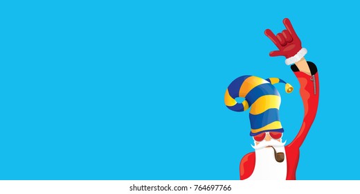 vector DJ rock n roll santa claus with smoking pipe, santa beard and funky santa hat isolated on blue horizontal background. Horizontal Christmas hipster party poster, banner or greeting card. 