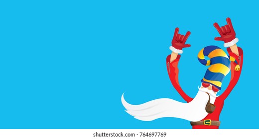 vector DJ rock n roll santa claus with smoking pipe, santa beard and funky santa hat isolated on blue horizontal background. Horizontal Christmas hipster party poster, banner or greeting card. 