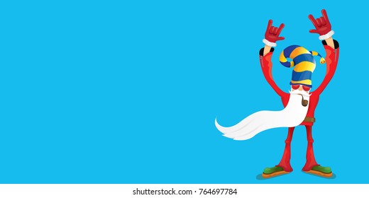 vector DJ rock n roll santa claus with smoking pipe, santa beard and funky santa hat isolated on blue horizontal background. Horizontal Christmas hipster party poster, banner or greeting card. 