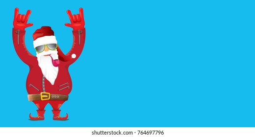vector DJ rock n roll santa claus with smoking pipe, santa beard and funky santa hat isolated on blue horizontal background. Horizontal Christmas hipster party poster, banner or greeting card. 