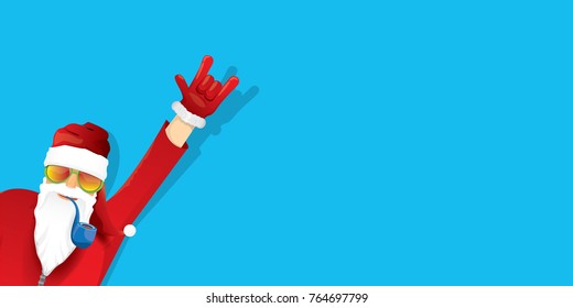 vector DJ rock n roll santa claus with smoking pipe, santa beard and funky santa hat isolated on blue horizontal background. Horizontal Christmas hipster party poster, banner or greeting card. 