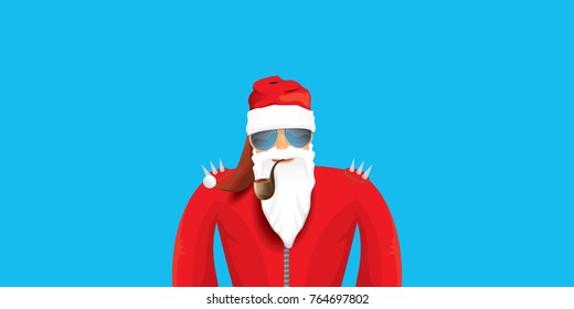 vector DJ rock n roll santa claus with smoking pipe, santa beard and funky santa hat isolated on blue horizontal background. Horizontal Christmas hipster party poster, banner or greeting card. 