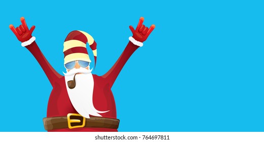 vector DJ rock n roll santa claus with smoking pipe, santa beard and funky santa hat isolated on blue horizontal background. Horizontal Christmas hipster party poster, banner or greeting card. 