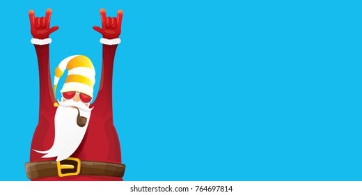 vector DJ rock n roll santa claus with smoking pipe, santa beard and funky santa hat isolated on blue horizontal background. Horizontal Christmas hipster party poster, banner or greeting card. 