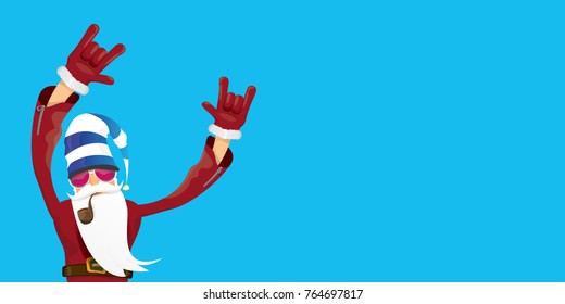 vector DJ rock n roll santa claus with smoking pipe, santa beard and funky santa hat isolated on blue horizontal background. Horizontal Christmas hipster party poster, banner or greeting card. 