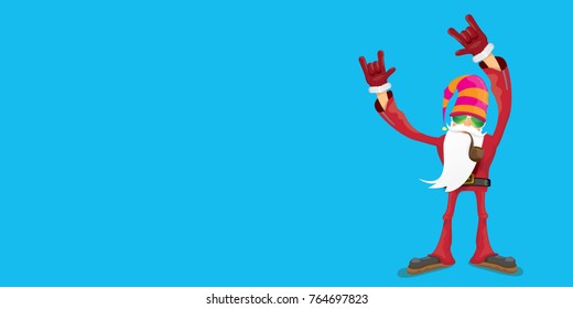 vector DJ rock n roll santa claus with smoking pipe, santa beard and funky santa hat isolated on blue horizontal background. Horizontal Christmas hipster party poster, banner or greeting card. 