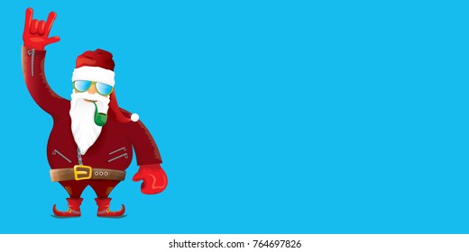 vector DJ rock n roll santa claus with smoking pipe, santa beard and funky santa hat isolated on blue horizontal background. Horizontal Christmas hipster party poster, banner or greeting card. 