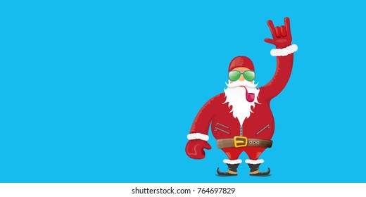 vector DJ rock n roll santa claus with smoking pipe, santa beard and funky santa hat isolated on blue horizontal background. Horizontal Christmas hipster party poster, banner or greeting card. 