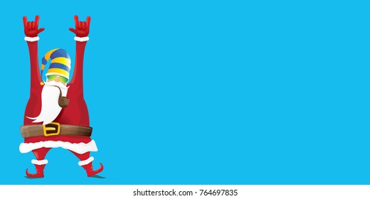 vector DJ rock n roll santa claus with smoking pipe, santa beard and funky santa hat isolated on blue horizontal background. Horizontal Christmas hipster party poster, banner or greeting card. 