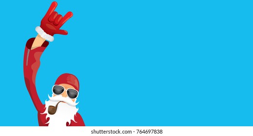 vector DJ rock n roll santa claus with smoking pipe, santa beard and funky santa hat isolated on blue horizontal background. Horizontal Christmas hipster party poster, banner or greeting card. 