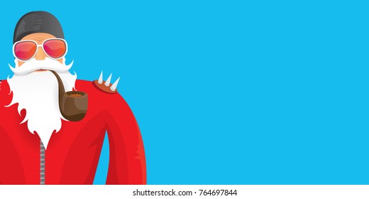 vector DJ rock n roll santa claus with smoking pipe, santa beard and funky santa hat isolated on blue horizontal background. Horizontal Christmas hipster party poster, banner or greeting card. 