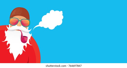 vector DJ rock n roll santa claus with smoking pipe, santa beard and funky santa hat isolated on blue horizontal background. Horizontal Christmas hipster party poster, banner or greeting card. 