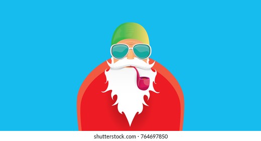 vector DJ rock n roll santa claus with smoking pipe, santa beard and funky santa hat isolated on blue horizontal background. Horizontal Christmas hipster party poster, banner or greeting card. 