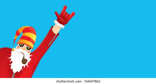 vector DJ rock n roll santa claus with smoking pipe, santa beard and funky santa hat isolated on blue horizontal background. Horizontal Christmas hipster party poster, banner or greeting card. 
