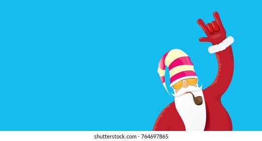 vector DJ rock n roll santa claus with smoking pipe, santa beard and funky santa hat isolated on blue horizontal background. Horizontal Christmas hipster party poster, banner or greeting card. 