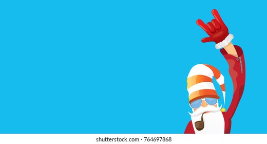 vector DJ rock n roll santa claus with smoking pipe, santa beard and funky santa hat isolated on blue horizontal background. Horizontal Christmas hipster party poster, banner or greeting card. 