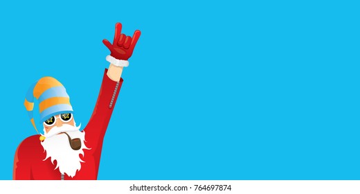 vector DJ rock n roll santa claus with smoking pipe, santa beard and funky santa hat isolated on blue horizontal background. Horizontal Christmas hipster party poster, banner or greeting card. 
