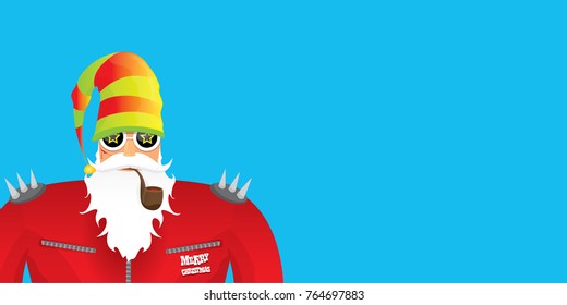 vector DJ rock n roll santa claus with smoking pipe, santa beard and funky santa hat isolated on blue horizontal background. Horizontal Christmas hipster party poster, banner or greeting card. 