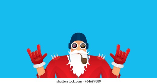 vector DJ rock n roll santa claus with smoking pipe, santa beard and funky santa hat isolated on blue horizontal background. Horizontal Christmas hipster party poster, banner or greeting card. 
