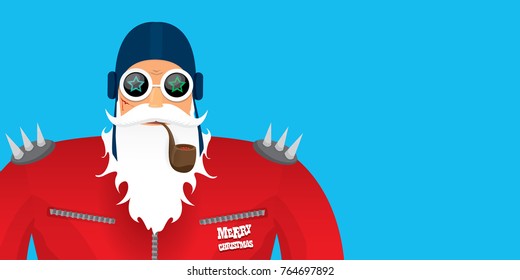 vector DJ rock n roll santa claus with smoking pipe, santa beard and funky santa hat isolated on blue horizontal background. Horizontal Christmas hipster party poster, banner or greeting card. 